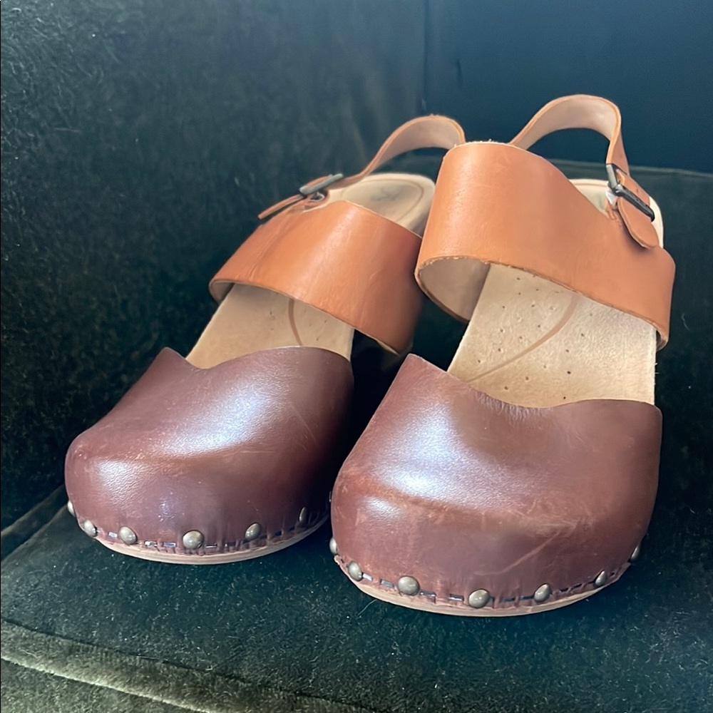 Brown and Tan Leather Clogs